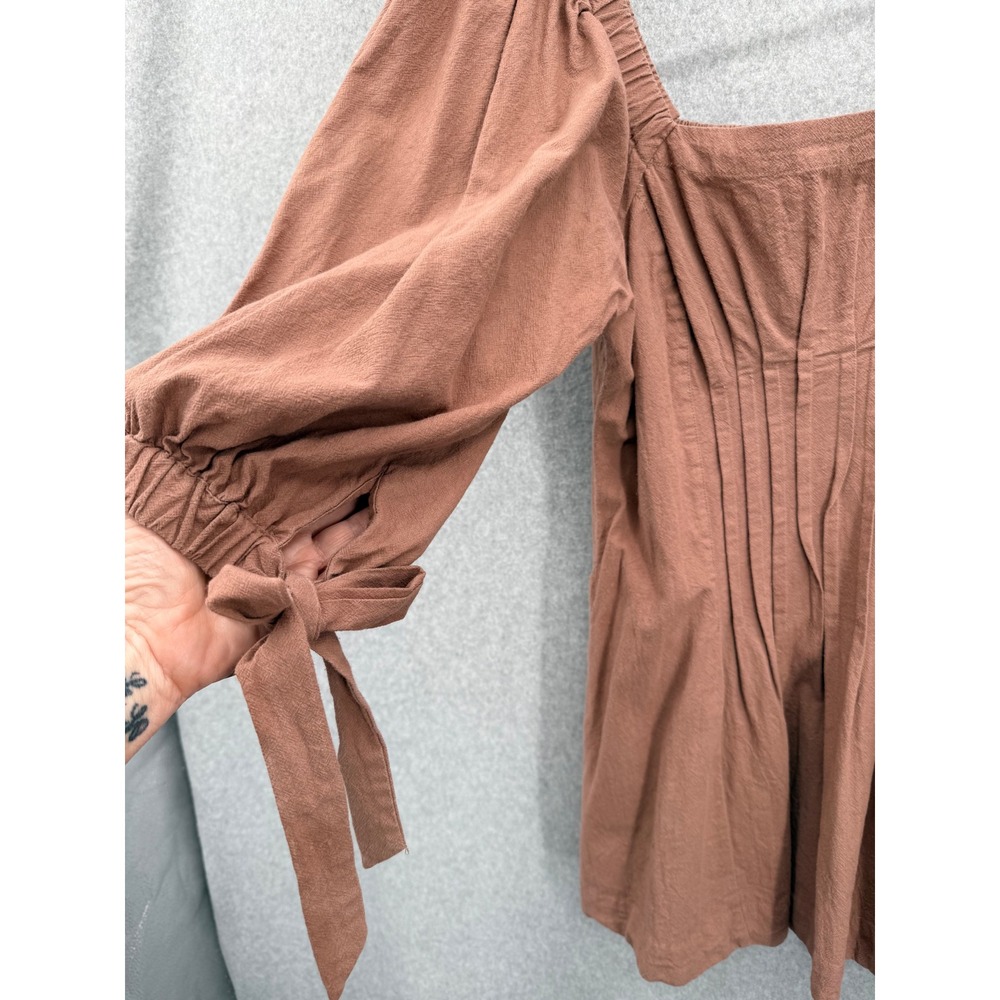 Free People Cerise Mini Dress Women M Brown Boho Puff Sleeve Square Neck Cotton - Picture 5 of 11